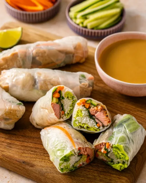 Steakhouse Salmon Salad Rolls with Spicy Peanut Sauce