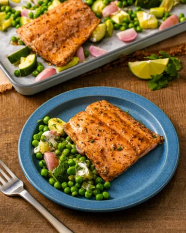 Steakhouse Salmon with Creamy Cilantro Lime Roasted Veggies